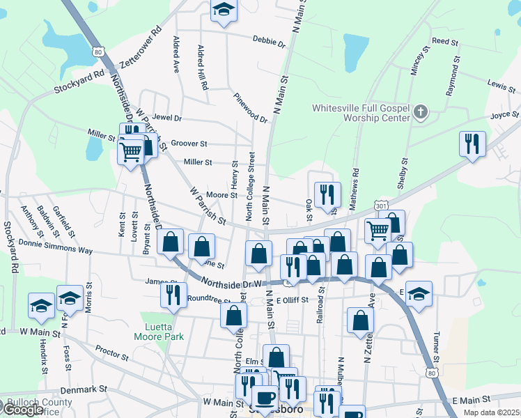 map of restaurants, bars, coffee shops, grocery stores, and more near 6 West Parrish Street in Statesboro