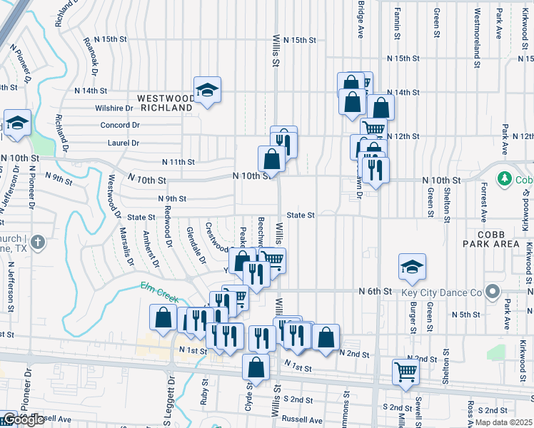 map of restaurants, bars, coffee shops, grocery stores, and more near 834 Beechwood Lane in Abilene