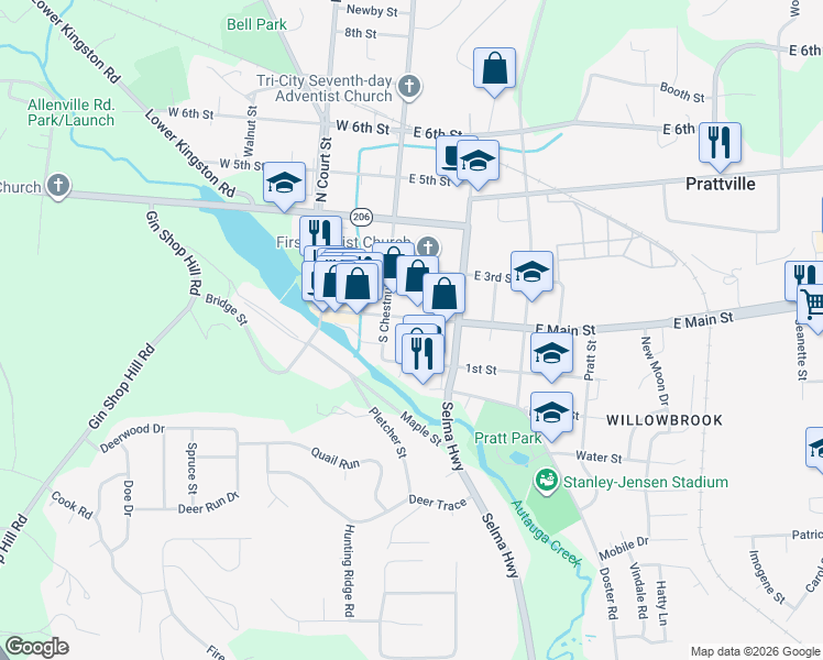map of restaurants, bars, coffee shops, grocery stores, and more near 123 1st Street in Prattville