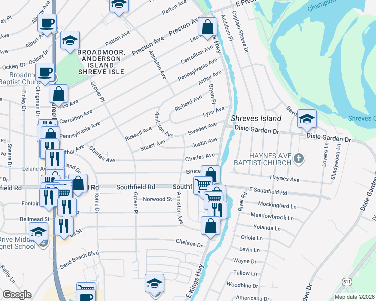 map of restaurants, bars, coffee shops, grocery stores, and more near 153 Charles Avenue in Shreveport