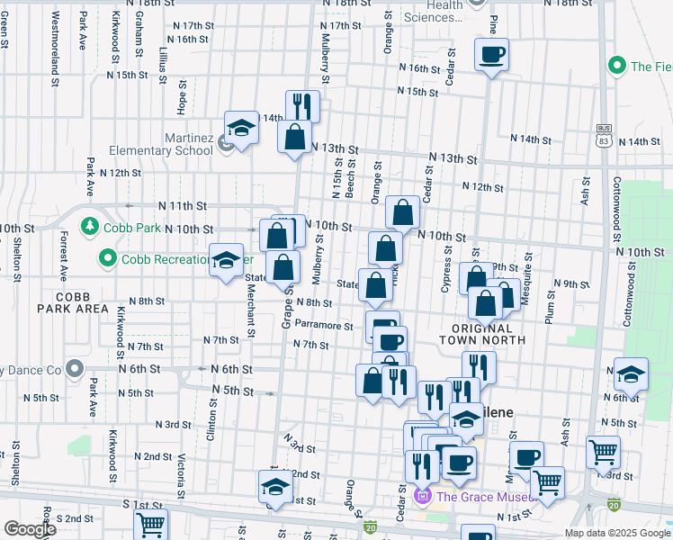 map of restaurants, bars, coffee shops, grocery stores, and more near 866 Beech Street in Abilene
