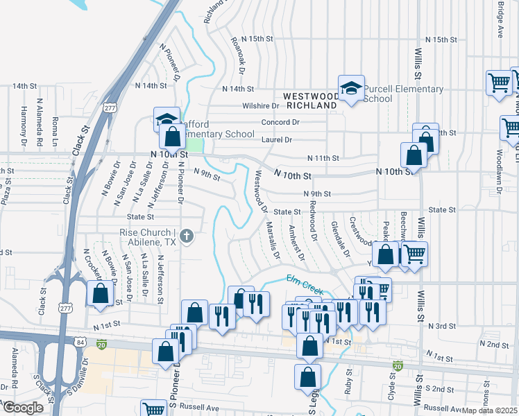 map of restaurants, bars, coffee shops, grocery stores, and more near 858 Westwood Drive in Abilene