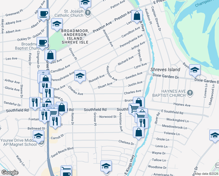 map of restaurants, bars, coffee shops, grocery stores, and more near 1926 Anniston Avenue in Shreveport