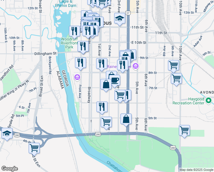 map of restaurants, bars, coffee shops, grocery stores, and more near 703 2nd Avenue in Columbus