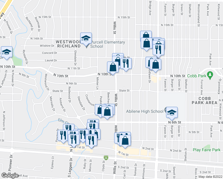 map of restaurants, bars, coffee shops, grocery stores, and more near 3410 State Street in Abilene