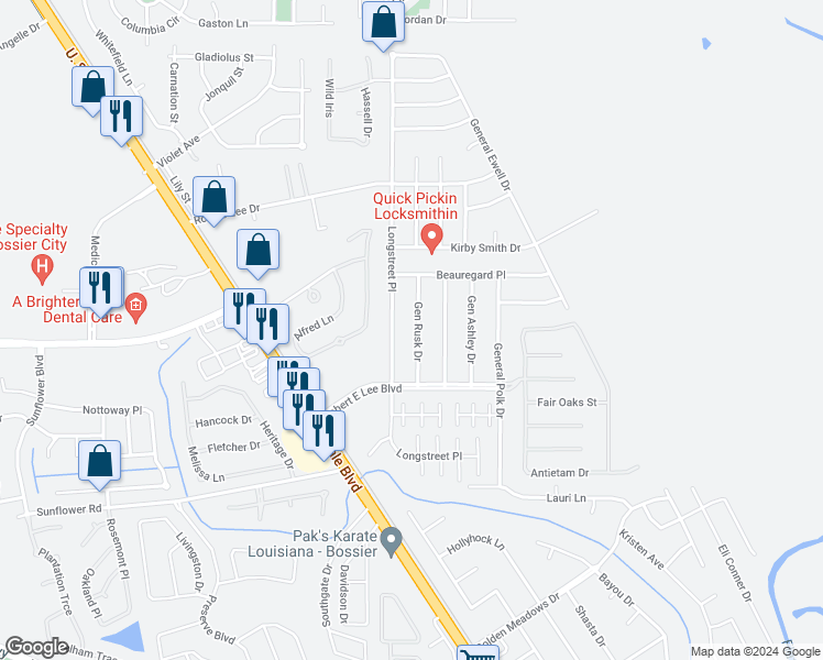 map of restaurants, bars, coffee shops, grocery stores, and more near 4916 Gen Rusk Drive in Bossier City