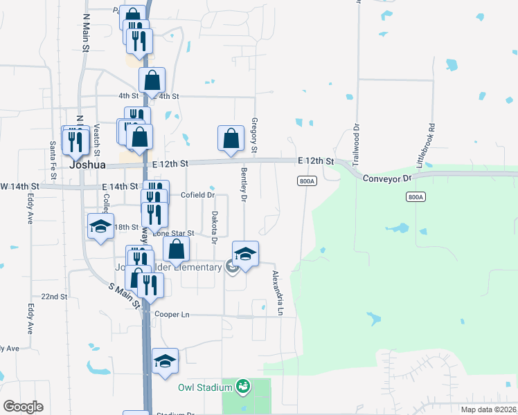 map of restaurants, bars, coffee shops, grocery stores, and more near 117 Honey Bee Drive in Joshua