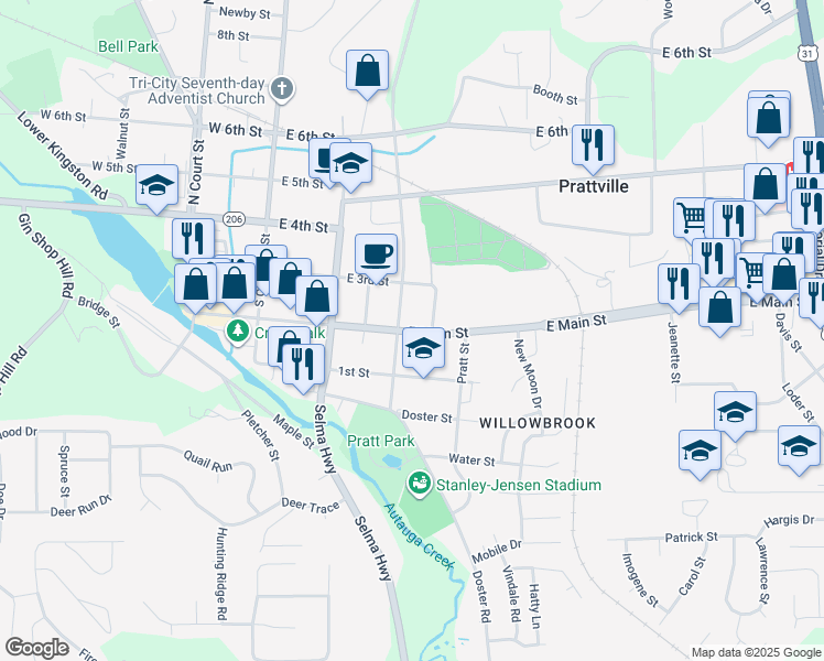 map of restaurants, bars, coffee shops, grocery stores, and more near 226-298 South Northington Street in Prattville