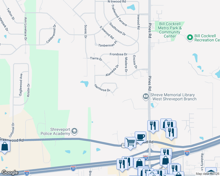 map of restaurants, bars, coffee shops, grocery stores, and more near 6318 Crosswind Drive in Shreveport