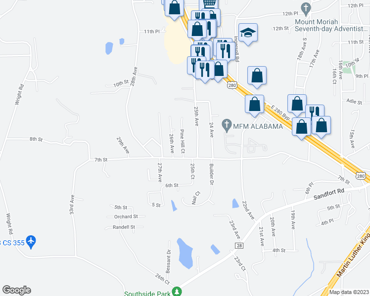 map of restaurants, bars, coffee shops, grocery stores, and more near 708 Pine Hill Court in Phenix City
