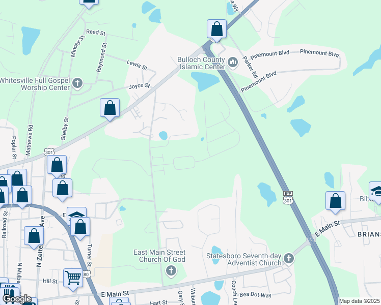 map of restaurants, bars, coffee shops, grocery stores, and more near 524 Acorn Lane in Statesboro