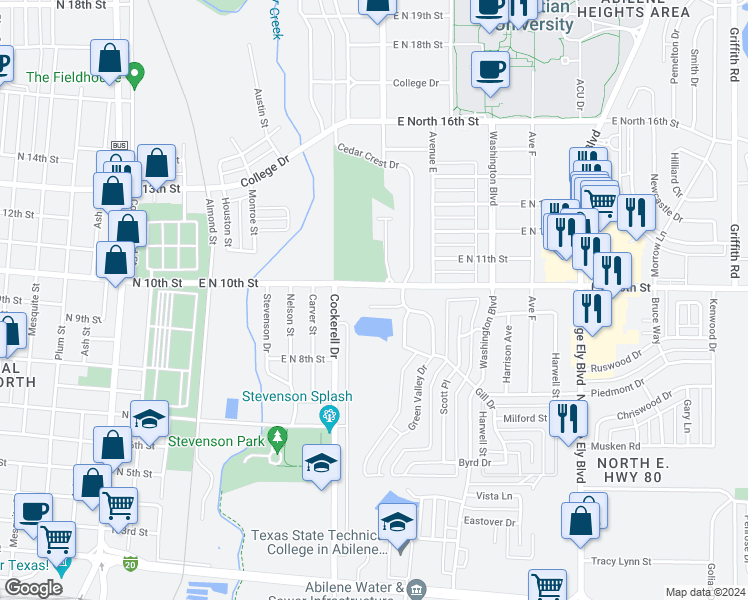 map of restaurants, bars, coffee shops, grocery stores, and more near 548 Scotland Court in Abilene