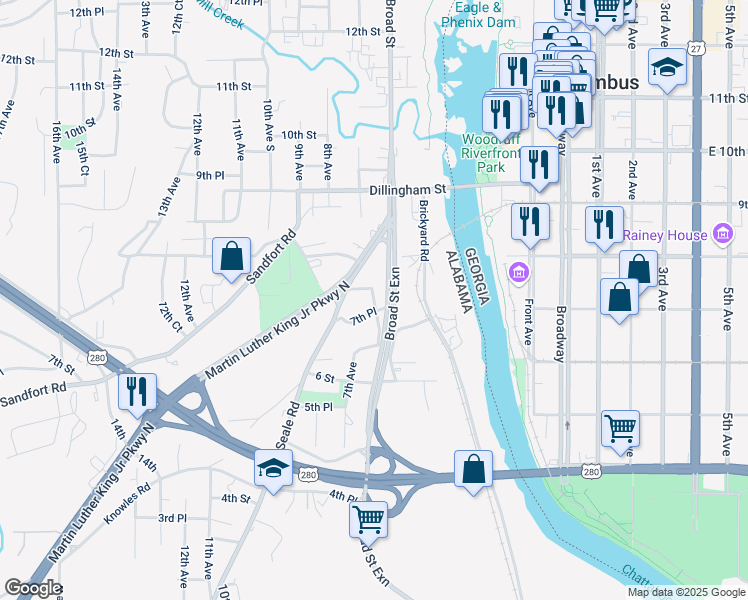 map of restaurants, bars, coffee shops, grocery stores, and more near 726 6 Avenue in Phenix City