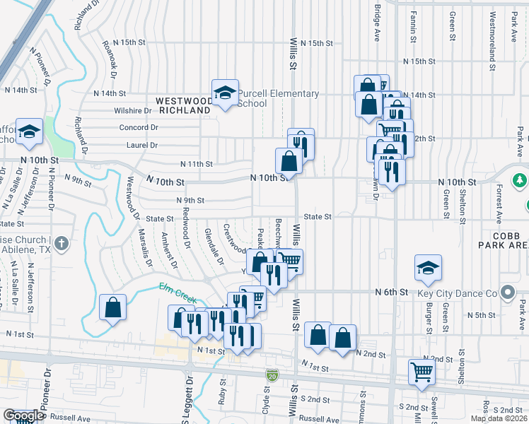 map of restaurants, bars, coffee shops, grocery stores, and more near 925 Minter Lane in Abilene
