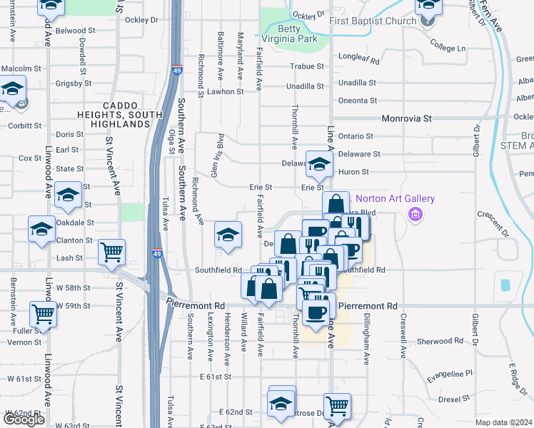 map of restaurants, bars, coffee shops, grocery stores, and more near 4647 Fairfield Avenue in Shreveport