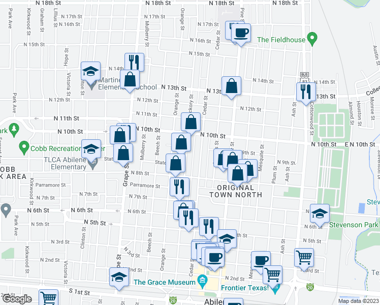 map of restaurants, bars, coffee shops, grocery stores, and more near 887 Hickory Street in Abilene