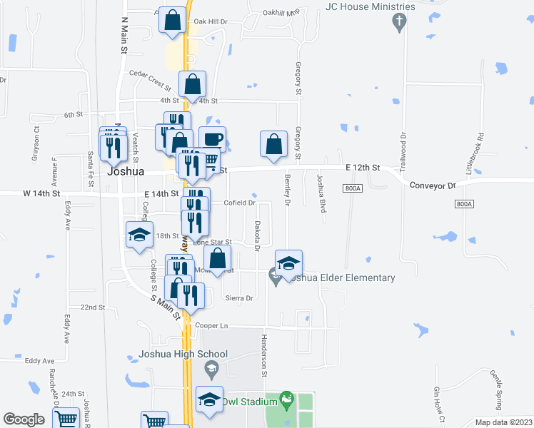 map of restaurants, bars, coffee shops, grocery stores, and more near 526 Lone Star Street in Joshua