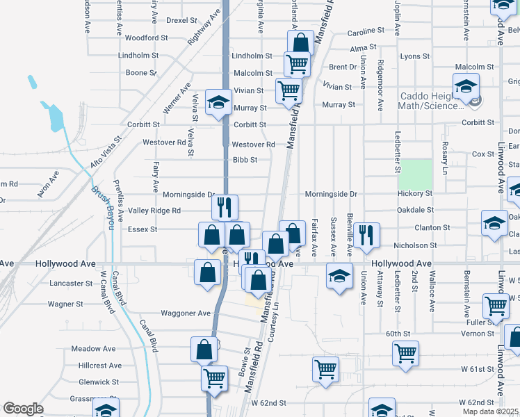 map of restaurants, bars, coffee shops, grocery stores, and more near 5430 Virginia Avenue in Shreveport