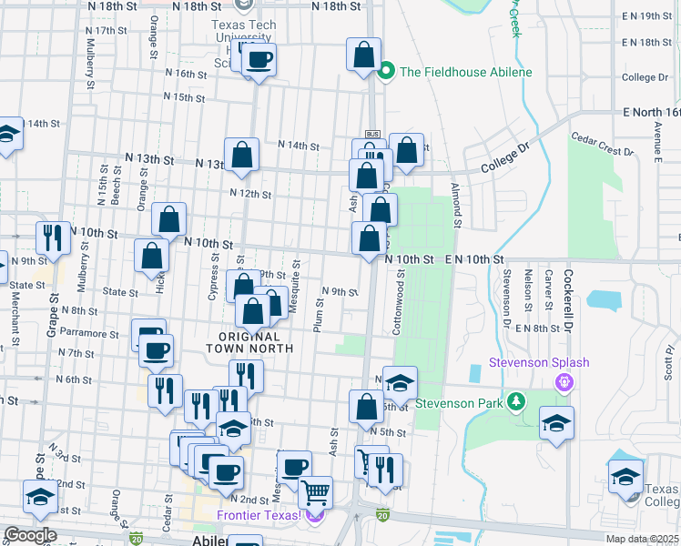 map of restaurants, bars, coffee shops, grocery stores, and more near 520 North 9th Street in Abilene