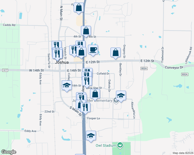 map of restaurants, bars, coffee shops, grocery stores, and more near 111 Thomas Street in Joshua