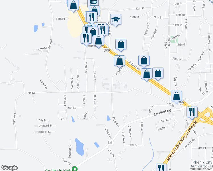 map of restaurants, bars, coffee shops, grocery stores, and more near 2209 Windy Lane in Phenix City