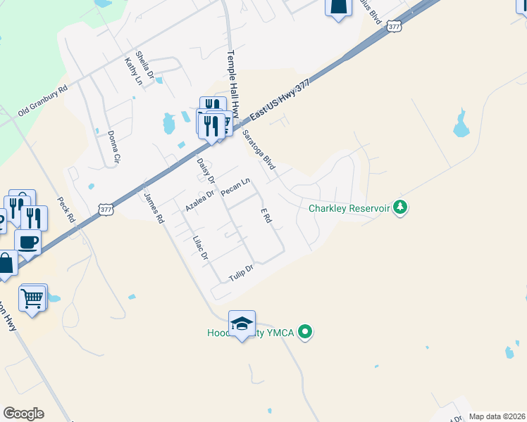 map of restaurants, bars, coffee shops, grocery stores, and more near East Road in Granbury