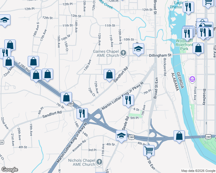 map of restaurants, bars, coffee shops, grocery stores, and more near 1101 7th Place in Phenix City