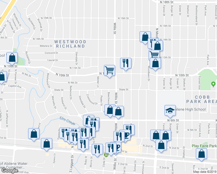 map of restaurants, bars, coffee shops, grocery stores, and more near 3450 State Street in Abilene