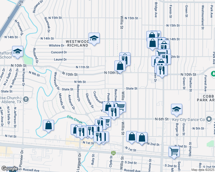 map of restaurants, bars, coffee shops, grocery stores, and more near 3450 State Street in Abilene