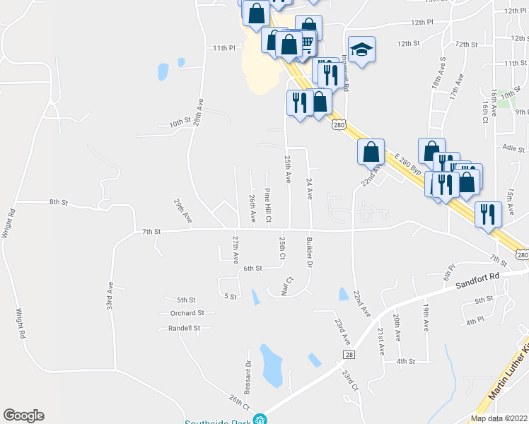 map of restaurants, bars, coffee shops, grocery stores, and more near 711 Pine Hill Court in Phenix City
