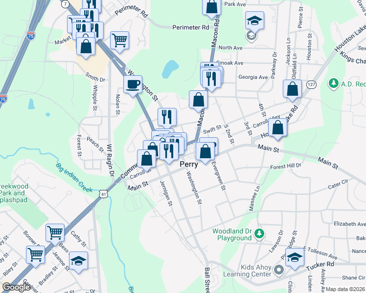 map of restaurants, bars, coffee shops, grocery stores, and more near 1021 Commerce St in Perry