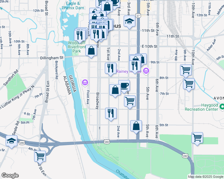 map of restaurants, bars, coffee shops, grocery stores, and more near 724 1st Avenue in Columbus