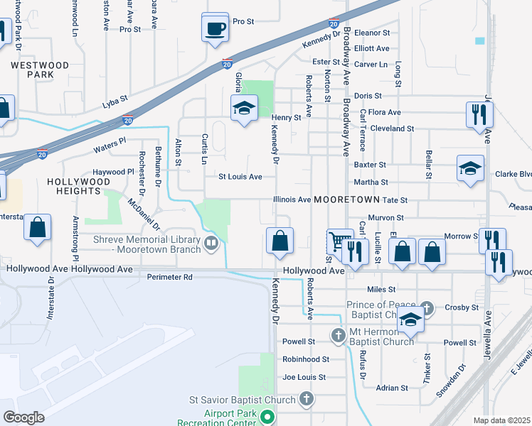 map of restaurants, bars, coffee shops, grocery stores, and more near 4251 Illinois Avenue in Shreveport