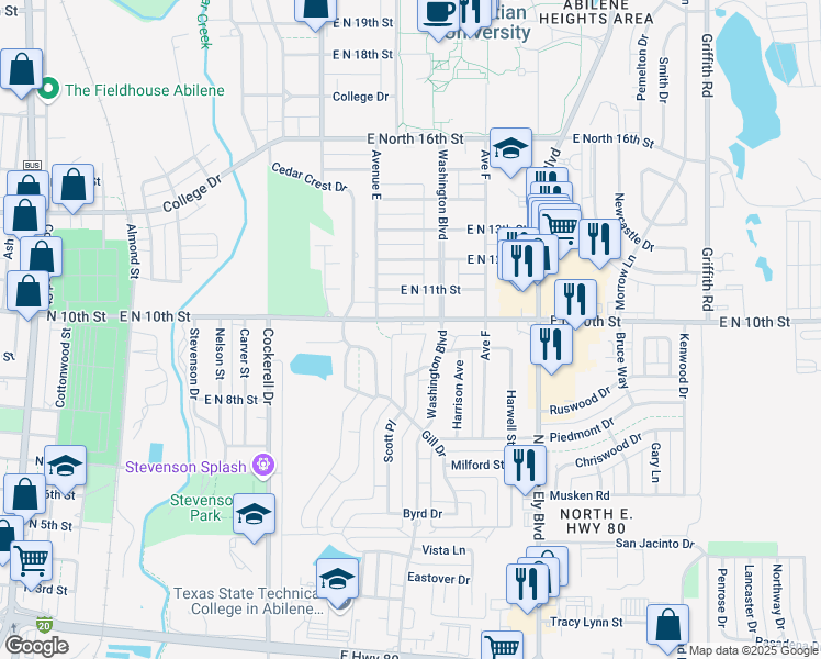 map of restaurants, bars, coffee shops, grocery stores, and more near 758 East North 10th Street in Abilene