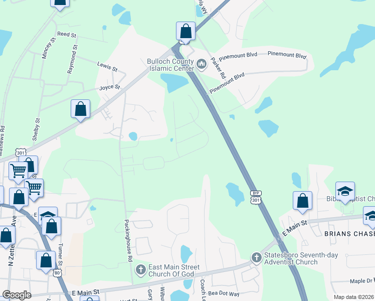 map of restaurants, bars, coffee shops, grocery stores, and more near 530 Acorn Lane in Statesboro