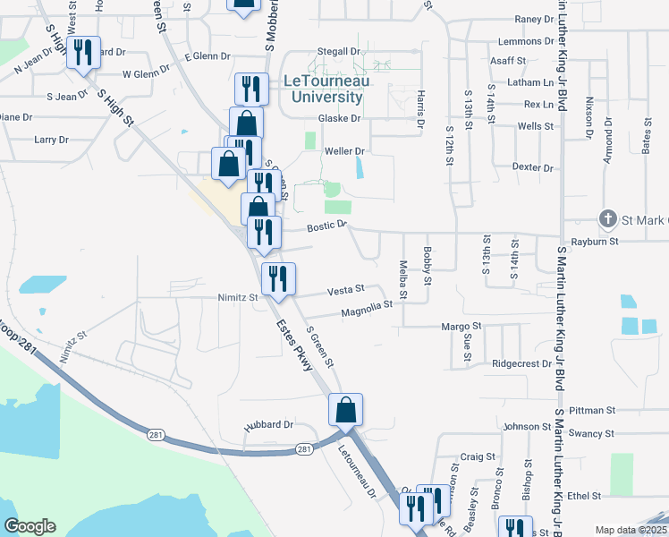 map of restaurants, bars, coffee shops, grocery stores, and more near 222 Bostic Drive in Longview