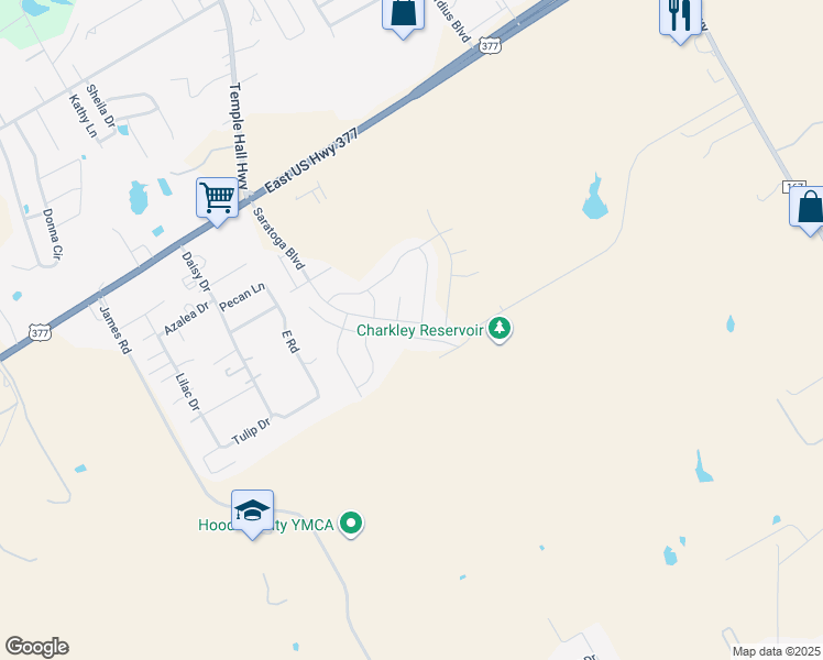 map of restaurants, bars, coffee shops, grocery stores, and more near 1600 Native Dancer Way in Granbury