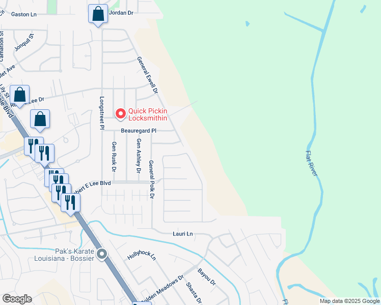 map of restaurants, bars, coffee shops, grocery stores, and more near 302 Antietam Drive in Bossier City