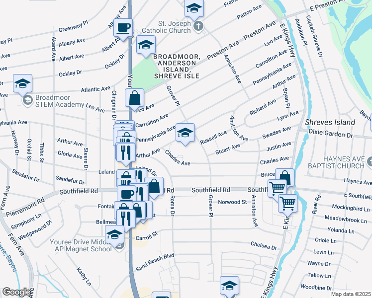 map of restaurants, bars, coffee shops, grocery stores, and more near 261 Arthur Avenue in Shreveport