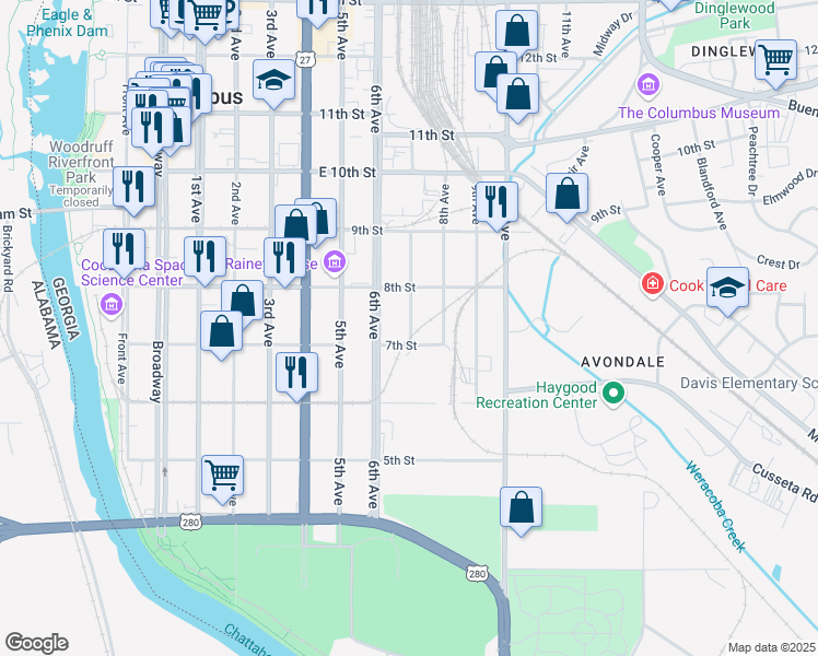 map of restaurants, bars, coffee shops, grocery stores, and more near 721 7th Avenue in Columbus
