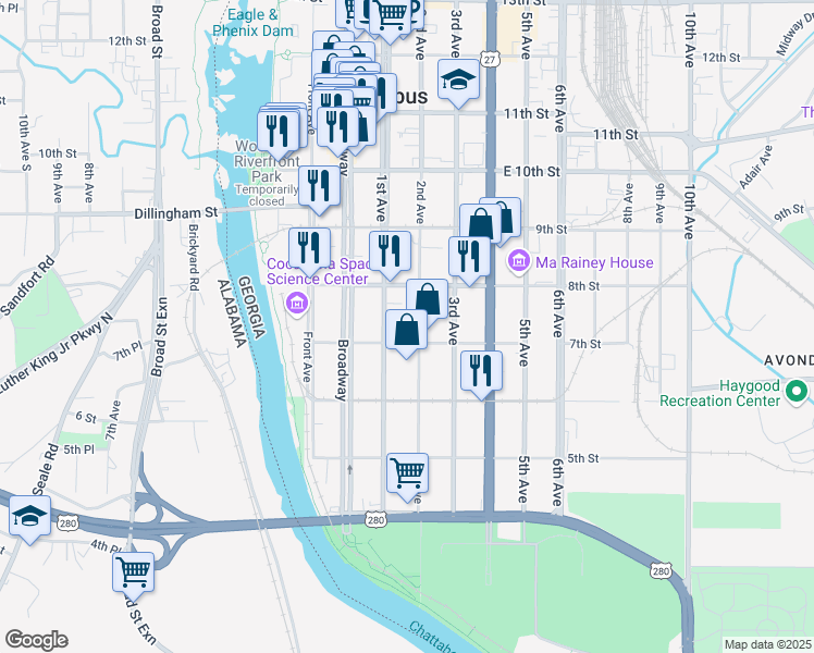 map of restaurants, bars, coffee shops, grocery stores, and more near 724 1st Avenue in Columbus