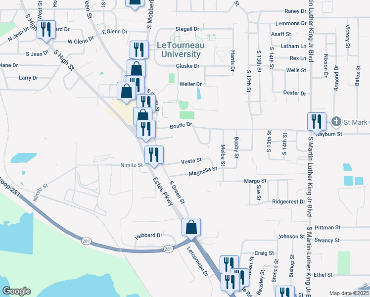 map of restaurants, bars, coffee shops, grocery stores, and more near 222 Bostic Drive in Longview