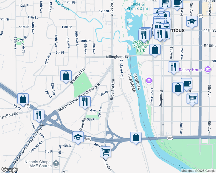 map of restaurants, bars, coffee shops, grocery stores, and more near 726 6 Avenue in Phenix City