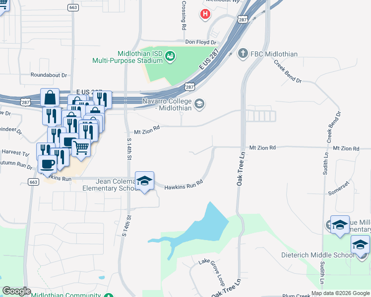 map of restaurants, bars, coffee shops, grocery stores, and more near 1080 Mount Zion Road in Midlothian