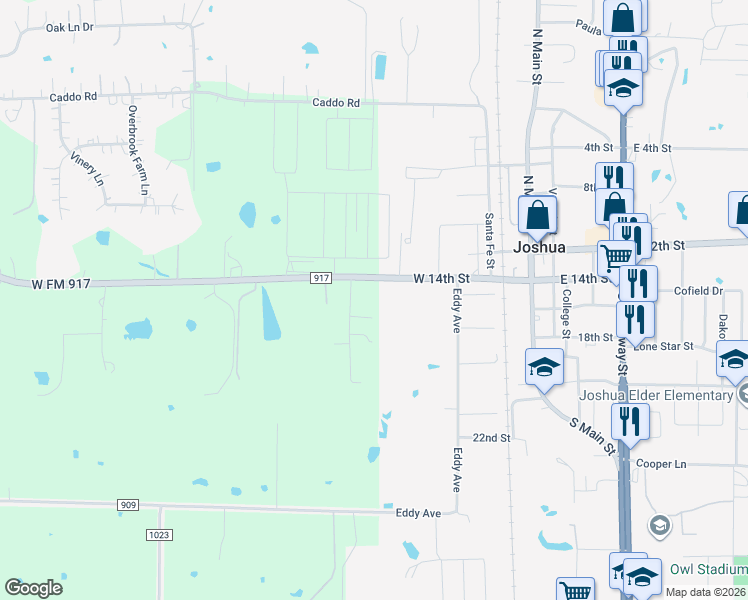 map of restaurants, bars, coffee shops, grocery stores, and more near 701 Farm to Market Road 917 in Joshua
