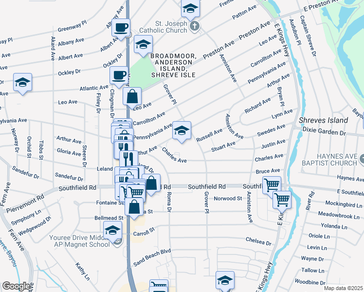 map of restaurants, bars, coffee shops, grocery stores, and more near 261 Arthur Avenue in Shreveport