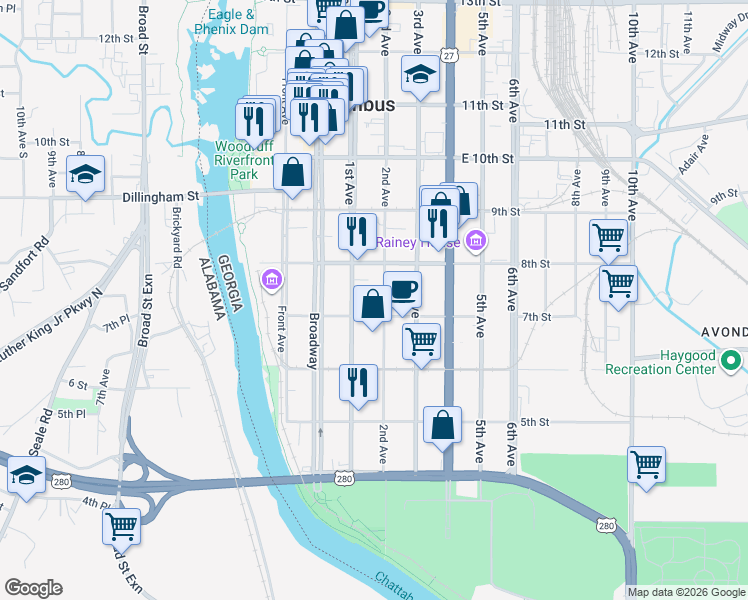 map of restaurants, bars, coffee shops, grocery stores, and more near 724 1st Avenue in Columbus