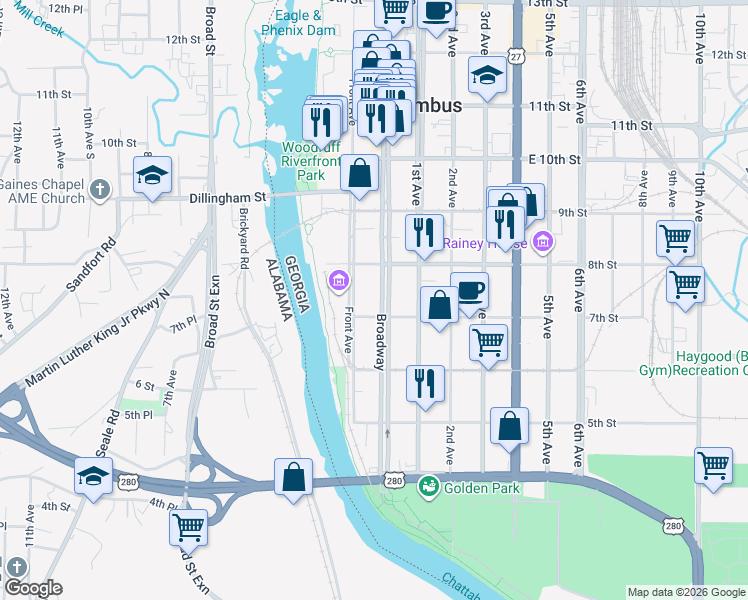 map of restaurants, bars, coffee shops, grocery stores, and more near 728 Front Avenue in Columbus