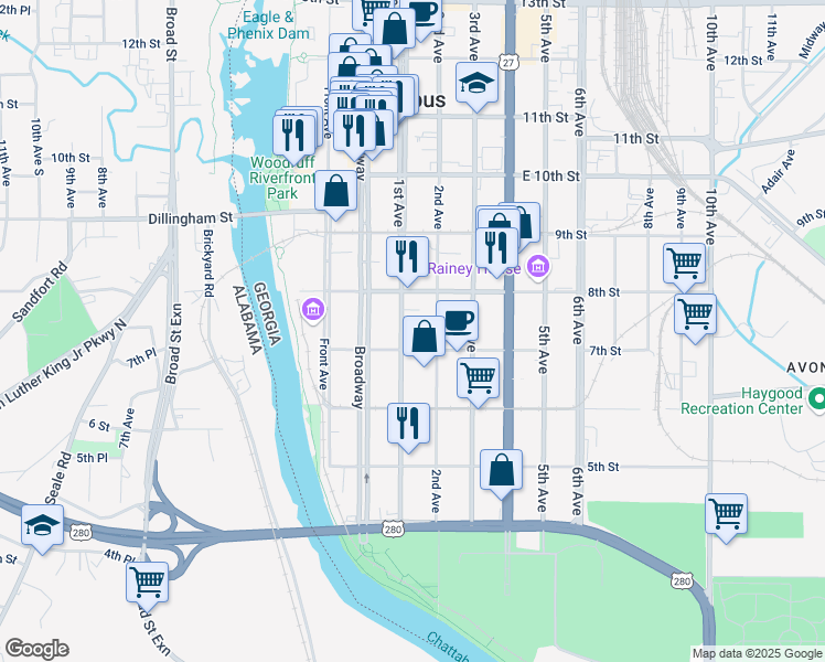 map of restaurants, bars, coffee shops, grocery stores, and more near 724 1st Avenue in Columbus