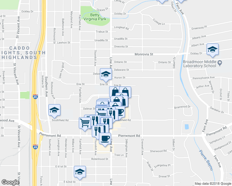 map of restaurants, bars, coffee shops, grocery stores, and more near 4611 Line Avenue in Shreveport